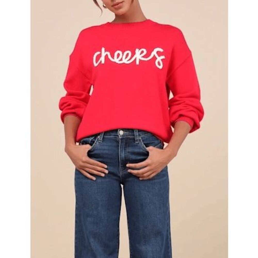 Lulus Women's Size M/L Joyous Style Red Embroidered Pullover Sweater